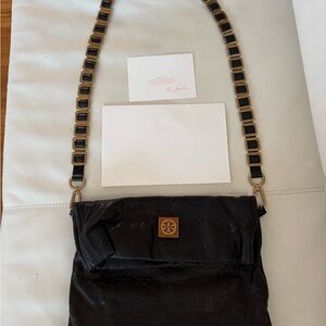 Tory Burch - Black Fold over Leather Louisa Shoulder Bag with Gold Buckle Strap